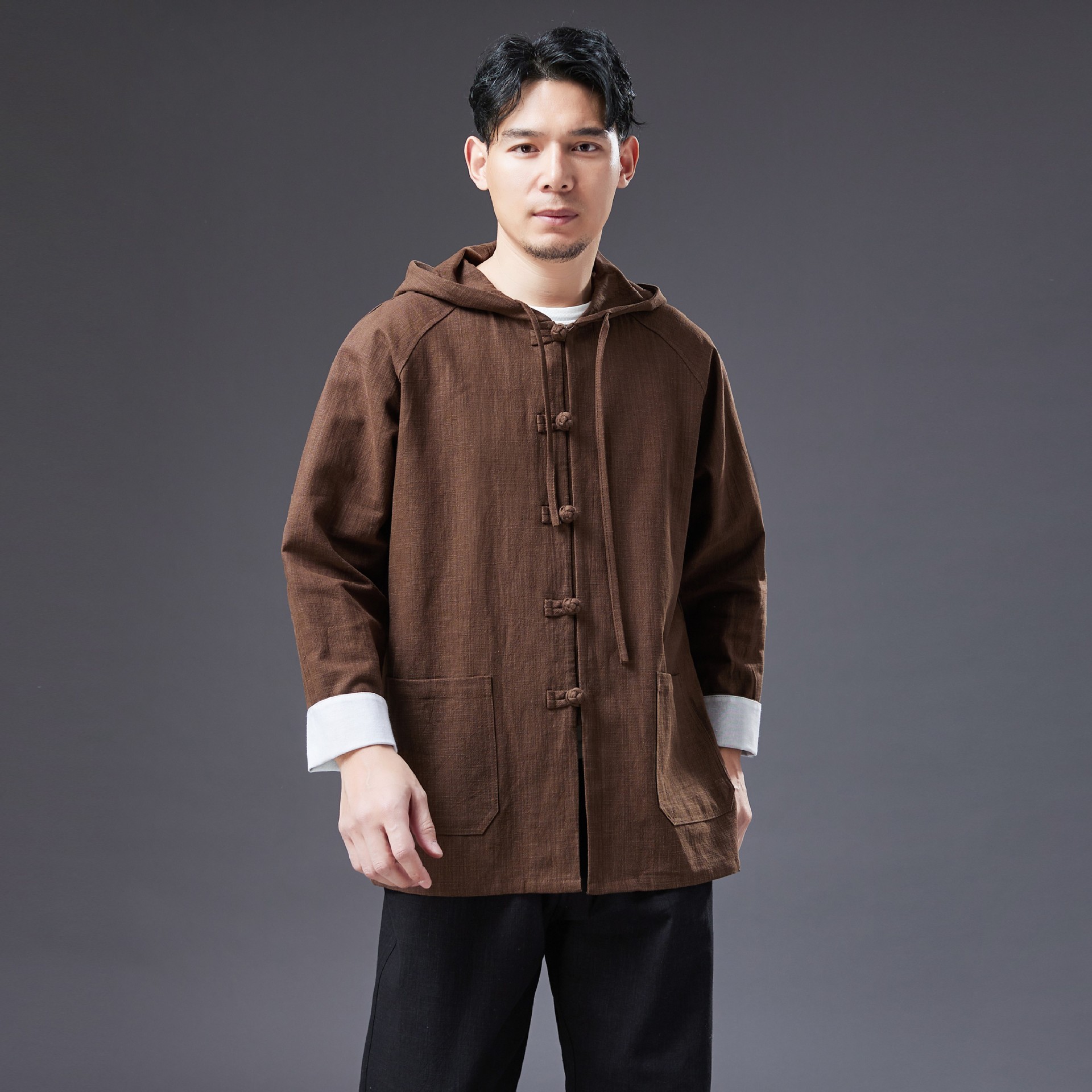 Improved ethnic clothing Hooded men's Tang Suit top Oriental costume Chinese traditional Hanfu male button outfit linen apparel