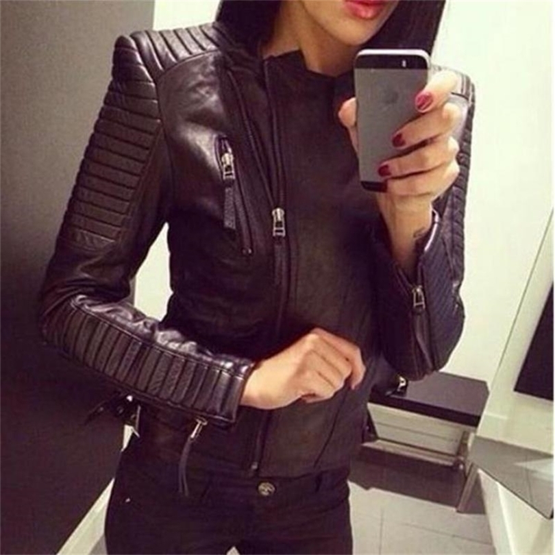 Ladies Leather Jackets Black Slim Moto Bikers Jacket Women Long Sleeved Zipper Spring Autumn Outerwear Leather Coats 220815