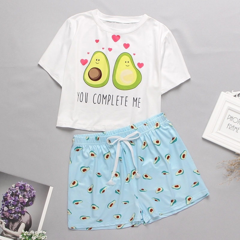 Womens Homewear Cute Cartoon Printed Pajamas Set Casual Short Sleeve T-Shirt Sleepwear Nightwear Summer Pyjama For Women 220329