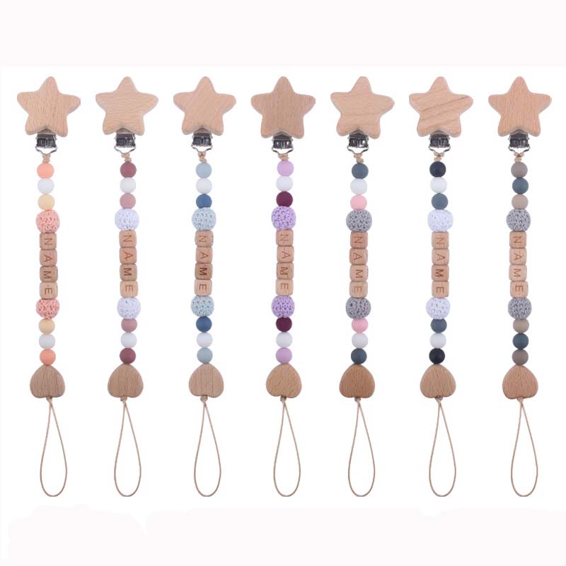 Newborn baby Silica gel Bead Pacifier Holders Beech Star Pacifier Clip Heart Teethers DIY Name Infant toddler Toys