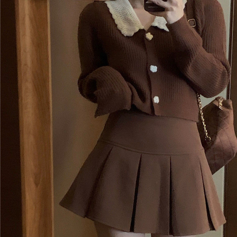 HOUZHOU Vintage Brown Pleated Skirt Women Spring Korean Style Y2K High Waisted A-line Mini Skirts Preppy Girls Causal 220317