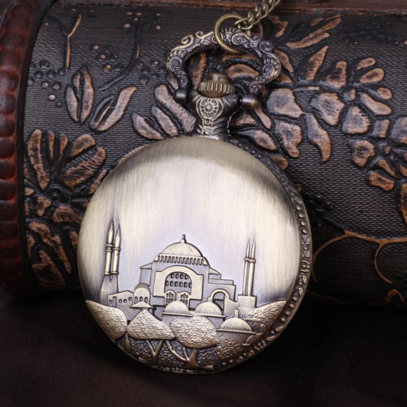 

Pocket Watches 8027 Islamic Castle Unique Watch Bronze Engraved Design Exquisite Casual Men Women Fob Fashion Gift Chain Pedant, As pic