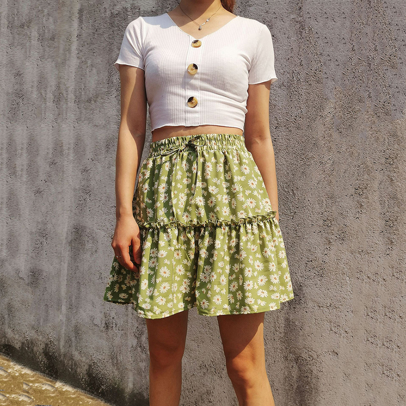 Summer Floral Print Boho Mini Skirt Women Sexy Bandage High Waist Frills Short Skirt Female Pleated Skirts 220611