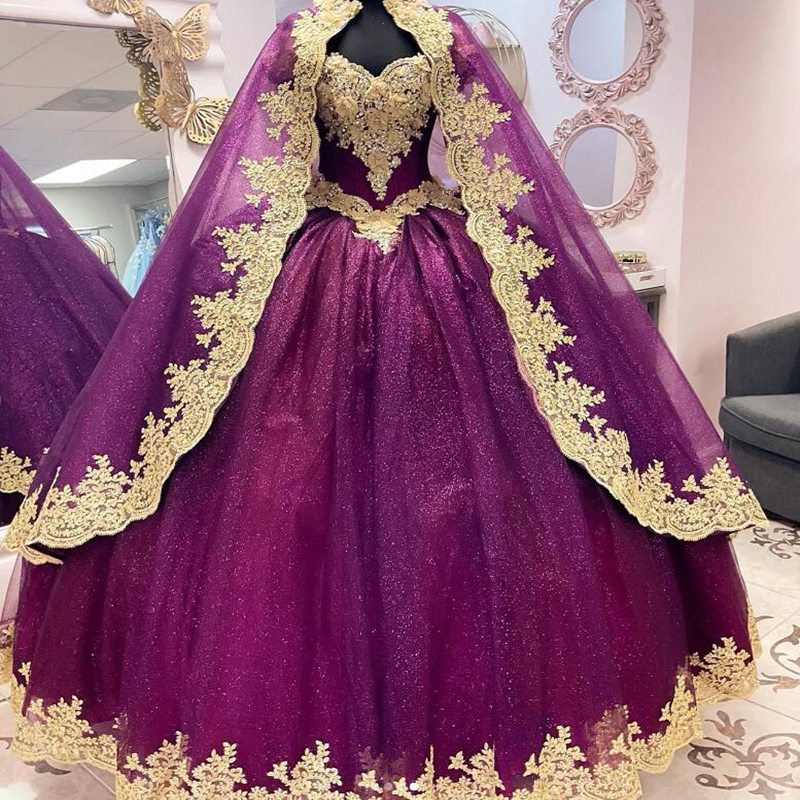 Sparkly Purple Dubai Quinceanera Dresses 2022 With Caped Off The Shoulder Gold Flowers Lace Prom Corset Ball Gown Sweet 15 Dress Vestido De 15 Anos Ro
