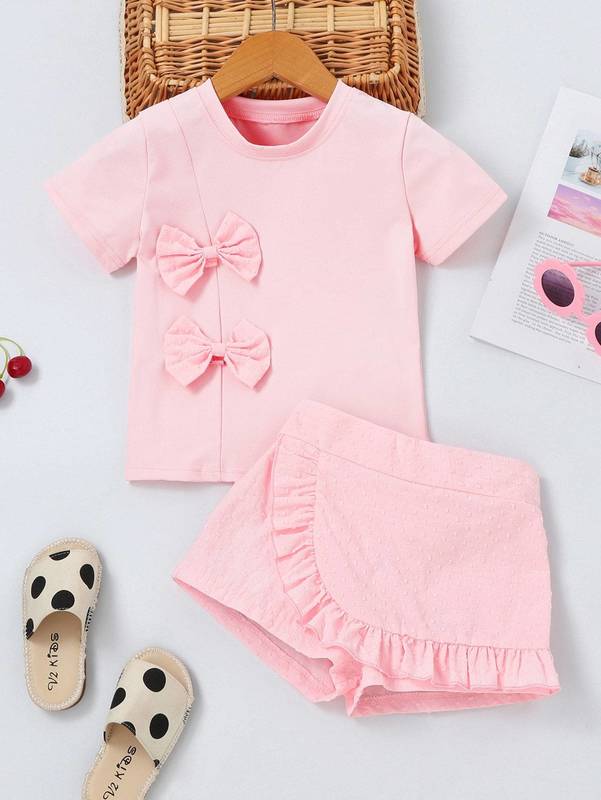 Toddler Girls Bow Front Tee & Swiss Dot Ruffle Trim Skorts SHE