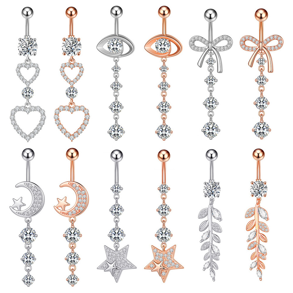 2022 Belly Button Ring Diamond Butterfly Dangle Navel Barbell Stud for Women Surgical Titanium Stainless Steel Rose Gold Cubic Zirconia Piercing Bling