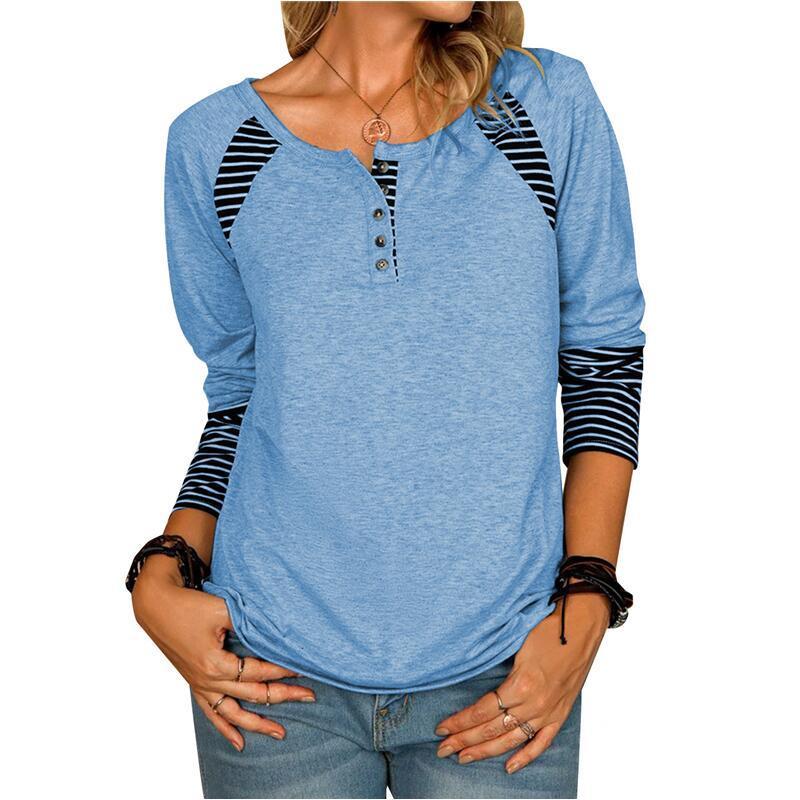 Autumn Striped Print T-shirt Women Casual Long Sleeve Round Neck Button Tee Tops Fashion Stitching Pullover Straight 220328