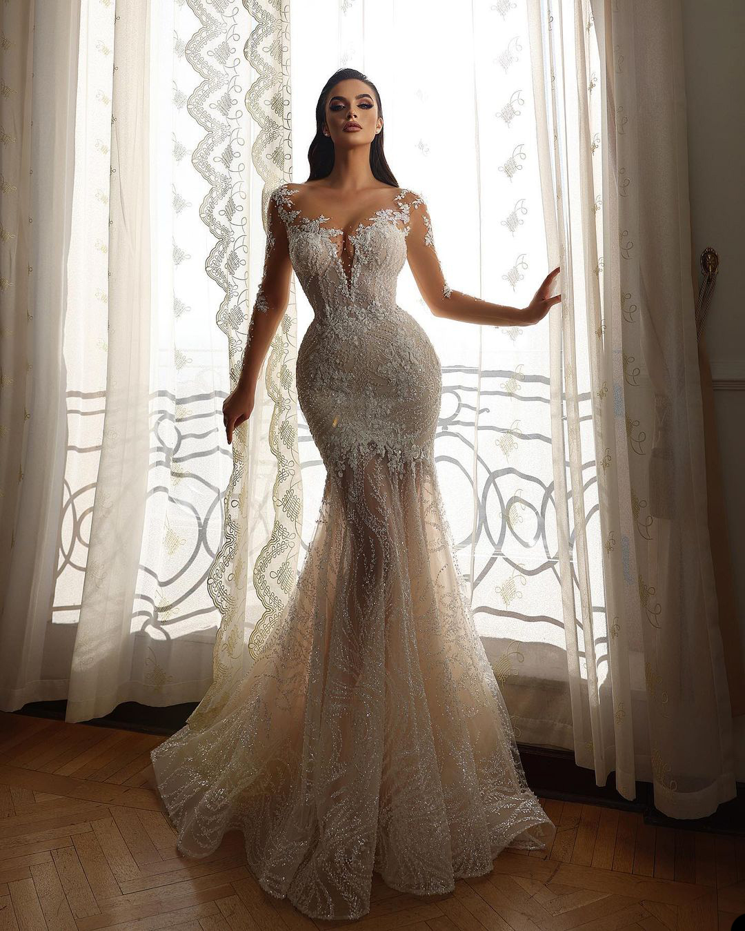 Mermaid Wedding Dress, Illusion Bodice, Long Sleeve, Backless, Lace Organza Applique, Custom Made, or-Length