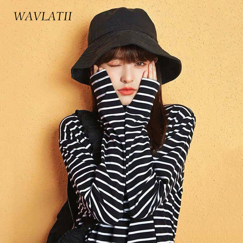 WAVLATII Women Long Sleeve T shirts Female Cotton White Black Striped Tees Lady Oversized Spring Casual Tops WLT2107 220328