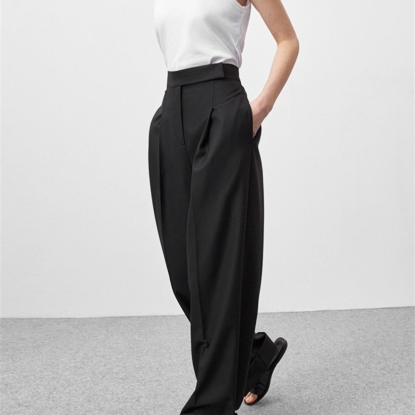 Mnealways 18 Spring Summer Black Ladies Office Trouser High Waist Pants Pockets Female Pleated Wide Leg Solid 220325