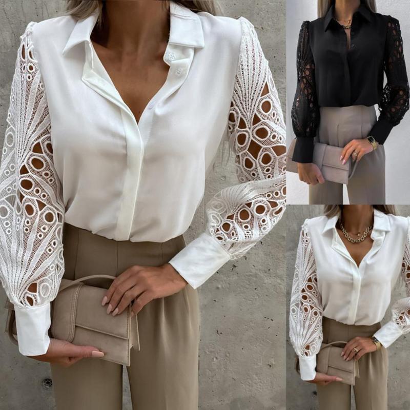 Women' Blouses & Shirts Elegant Office Lady Shirt Solid Color Lace Patchwork Spring Summer Slim Single-breasted Top Hollow Out Buttons Blou, White
Women' Blouses & Shirts Elegant Office Lady Shirt Solid Color Lace Patchwork Spring Summer Slim Single-breasted Top Hollow Out Buttons Blou, White