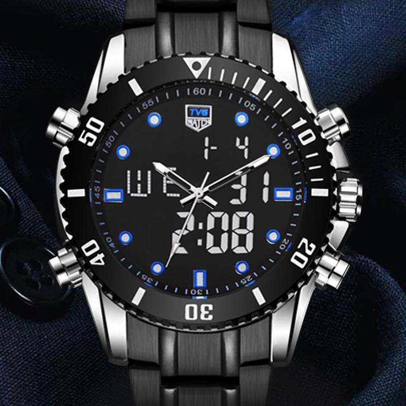 Wristwatches Top Brand Watch Men Black Sport Watches Stainless Steel Band Led Analog Digital Quartz 12/24 Hours GMT 2 Time Clock, Silver
Wristwatches Top Brand Watch Men Black Sport Watches Stainless Steel Band Led Analog Digital Quartz 12/24 Hours GMT 2 Time Clock, Silver