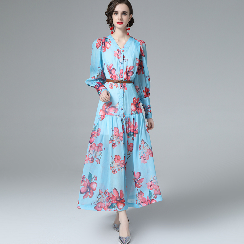 Women' Runway Dress V Neck 3/4 Sleeves Printed Ruffles Single Breasted High Street Designer Dresses, Multi
Women' Runway Dress V Neck 3/4 Sleeves Printed Ruffles Single Breasted High Street Designer Dresses, Multi