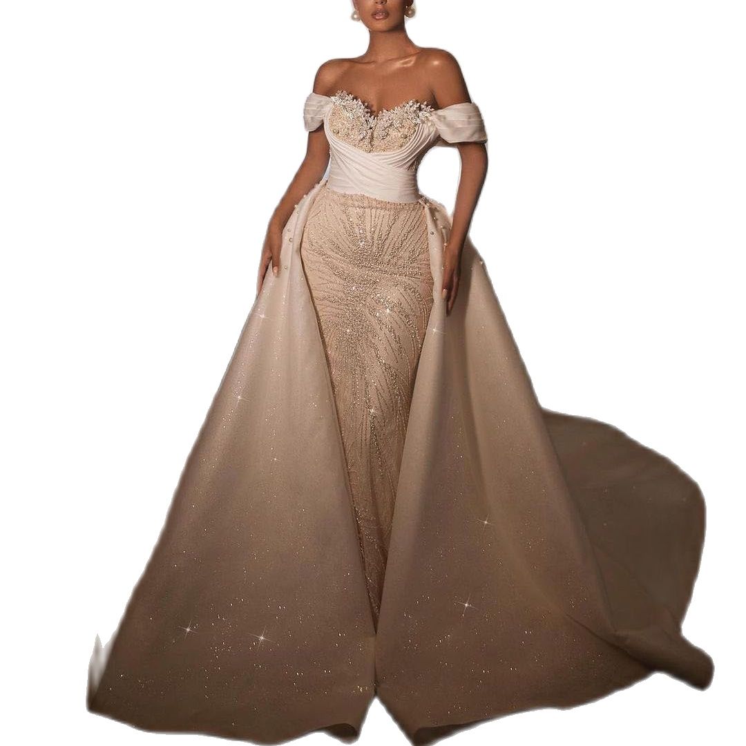 Luxury Mermaid Wedding Dress Off Shoulder Sparkly Sequins With Detachable Train Gown Applique Ball Dresses For Women Robe De Soiree