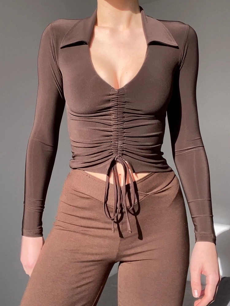 HEYounGIRL V Neck Ruched Brown Casual Crop Top T Shirt Autumn Long Sleeve Basic T-shirt Women Skinny Fashion Tee Femme 220321