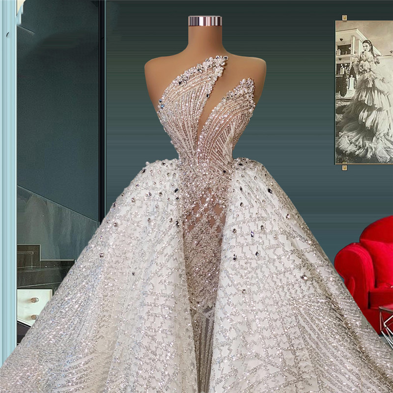 Exquisite Wedding Mermaid Dress With Detachable Train Beading Crystal Bridal Gown Sequined Dubai Dresses Vestido De Novia