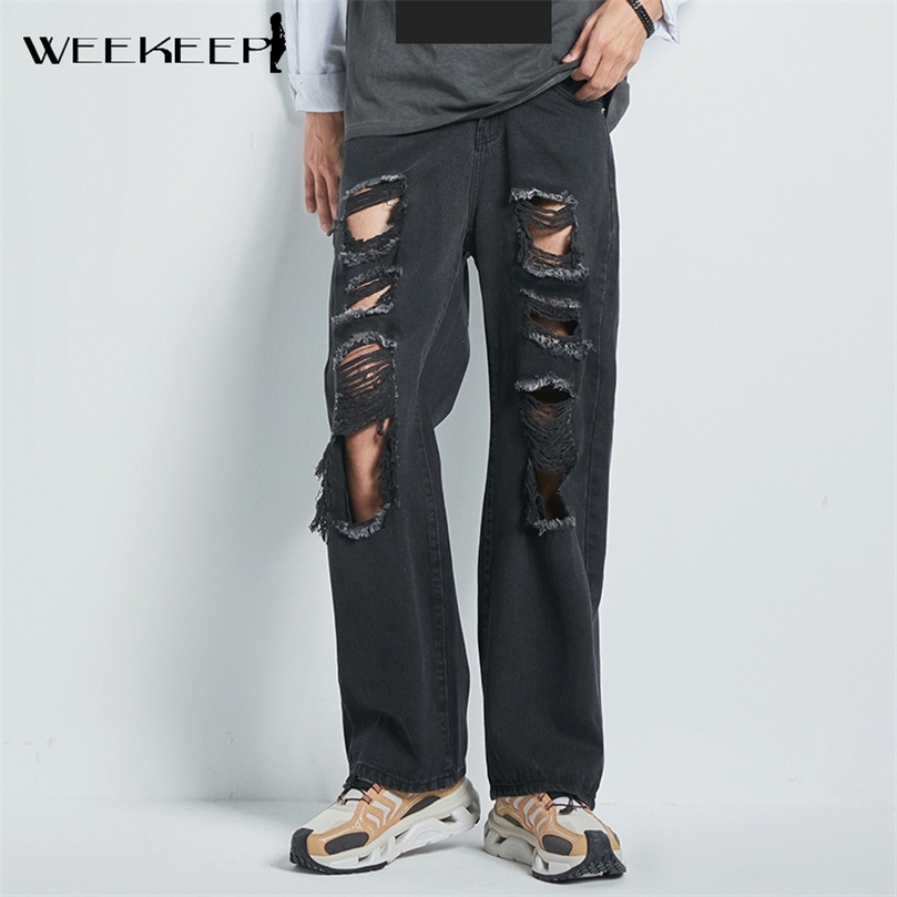 Weekeep Vintage Ripped Hole Jeans Women Baggy Cut Out High Waist Denim Pants Summer Korean Y2k Streetwear Fashion Straight Jeans 220815