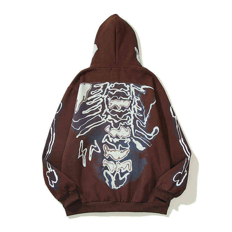 2021 Winter Skeleton Print Fleece Brown Zip Up Hoodie Men Hip Hop Pullover Cotton Punk Zipper Hooded Sweatshirt Sudaderas Hombre G220607