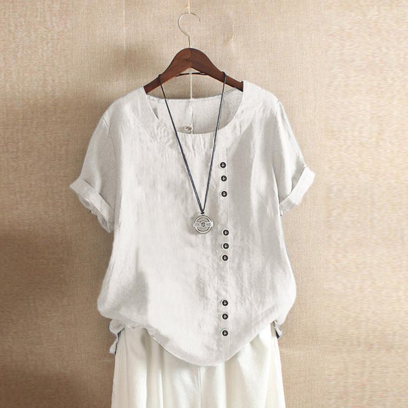 Womens Blouses Shirts Elegant Blouse Women Shirt V-Neck Short Sleeve Cotton Linen Casual Loose Tee Camisa Feminina Blusasw