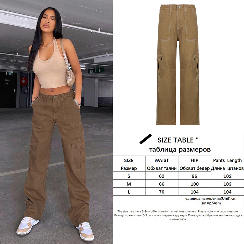 Vintage Khaki Wide Leg Cargo Pant High Waist Big Pockets Baggy Denim Trousers Y2K 90s Straight Oversize Sweatpants 220325