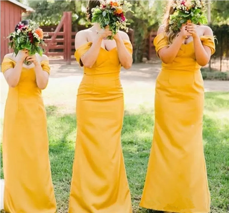Country Yellow Bridesmaid Dresses Off The Shoulder Mermaid Pleats Backless Long Maid of Honor Gowns Plus Size