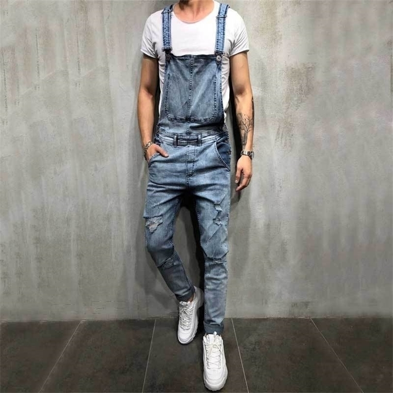 Street men's hollow onepiece strap jeans with elastic feet T200614