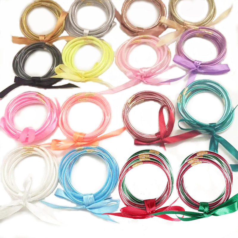European Popular Glitter Filled Jelly Silicone Bracelet for Girls Women Fashion Silicone Bracelet Bowknot Bangle Party Jewelry Birthday Gift