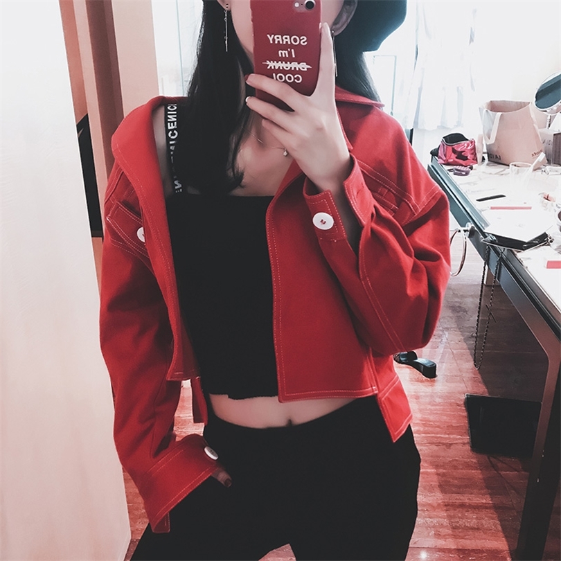 Mishow 2019 Spring And Autumn Women Denim Jacket Vintage Cropped Short Denim Coat LongSleeve Slim Red Jeans tops T200319