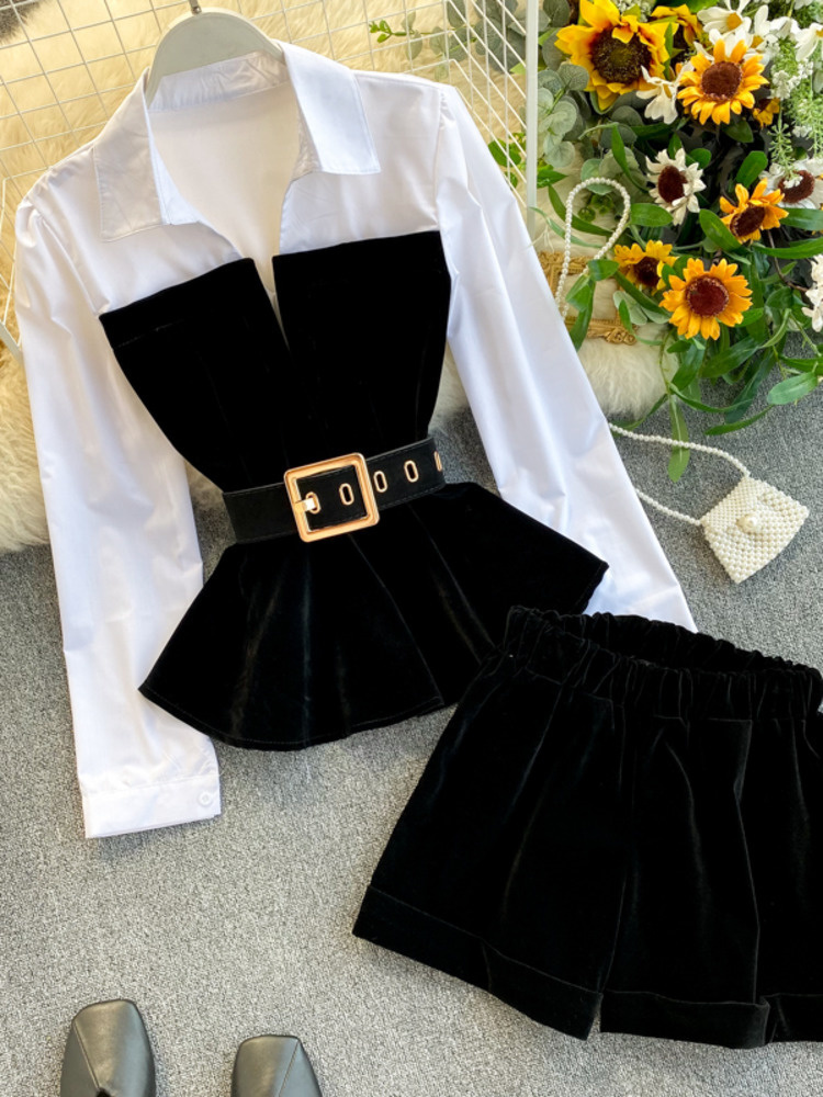 DEAT Autumn Long Sleeve Patchwork Velvet Size Small Tops With Belt High Waist Shorts Two Piece Set Women MH334 220810