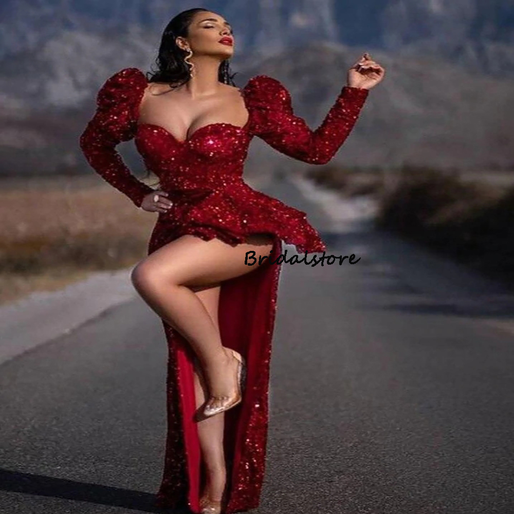 Shiny Sequin Red Prom Dresses 2022 With High Split Sexy Mermaid Evening Dress Long Sleeve Dinner Formal Dance Party Gowns Sparkly Engagement Robes De 