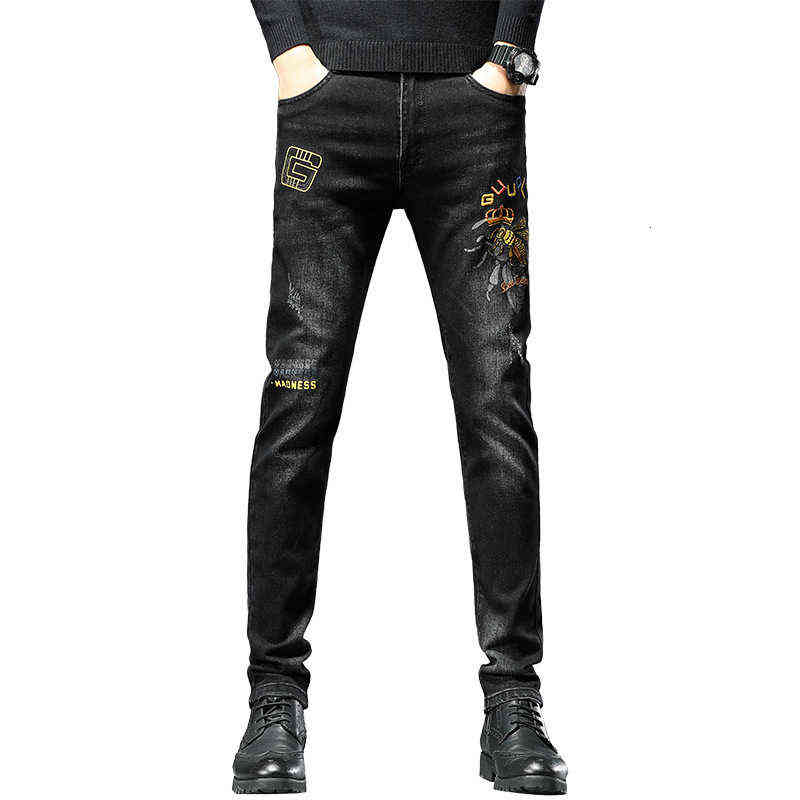 Winter Autumn Fashion Jeans Men's Korean Version Elastic Slim Fit Little Feet Bee Embroidered Pants