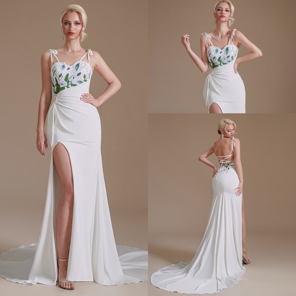 New Spaghetti Straps Mermaid Beach Wedding Dresses Embroidery Beaded High Split Summer Boho Sweep Train Bridal Gowns vestidos de novia Wedding Dress C