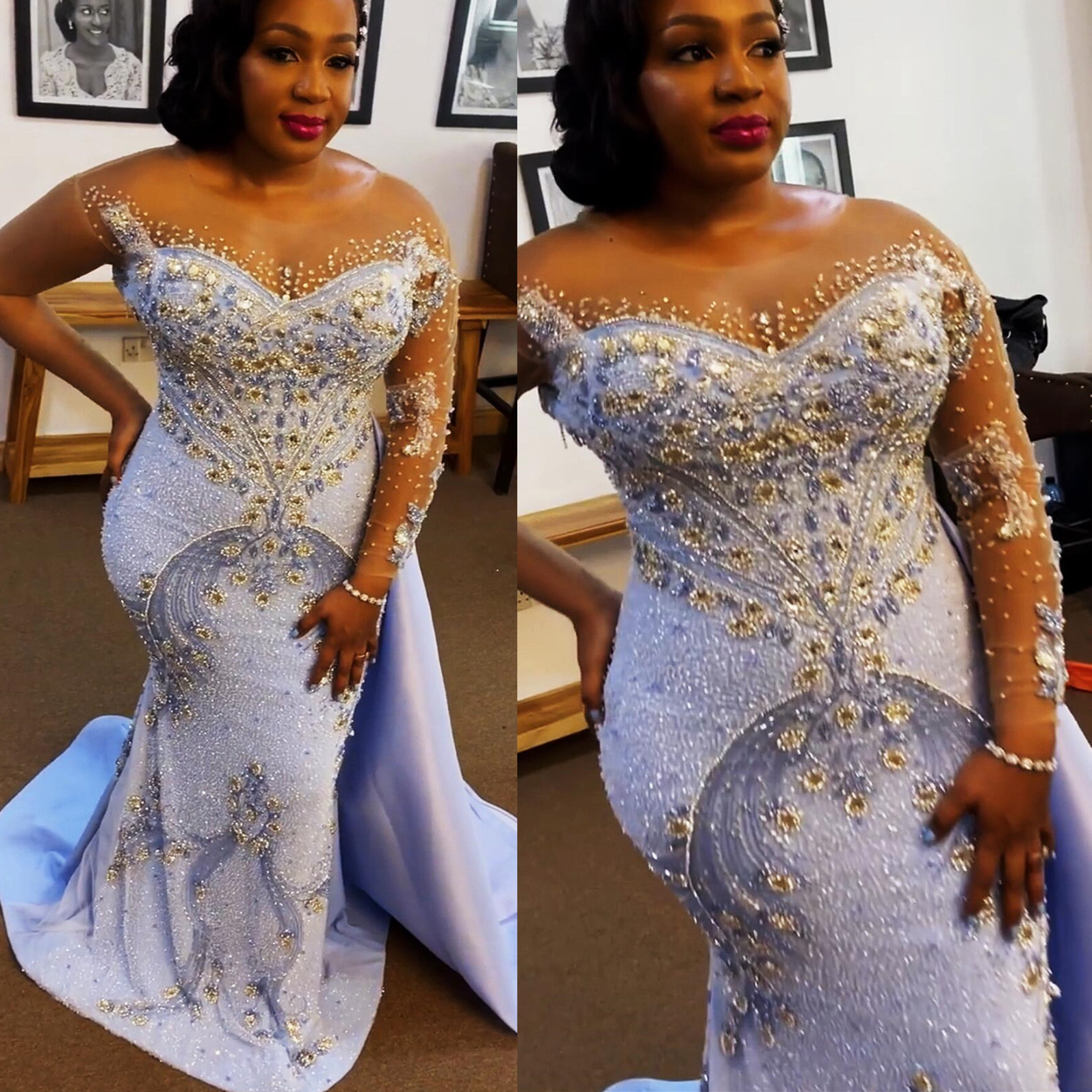 Plus Size Arabic Aso Ebi Luxurious Mermaid Sparkly Prom Dresses Beaded Crystals Evening Formal Party Second Reception Birthday Engagement Gowns Dress 