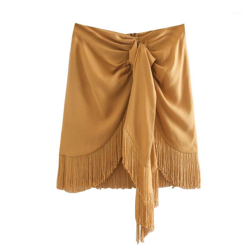 

Skirts High Waist Mini Skirt Gathering Details Tassel Hem Back Zipper Closure Casual Fashion Women' 2022, Khaki