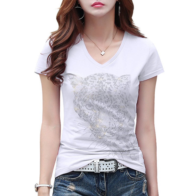 Boho Black Leopard Head Graphic Tee Cotton Short Sleeve O Neck Tshirt Fashion Diamond T-shirt Casual T shirts 220328