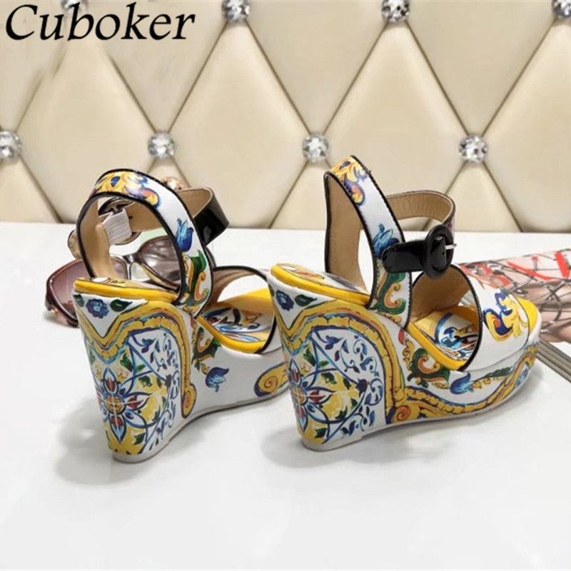 Summer Runway Sandals Women Yellow Multicolour Painting Peep toe Wedge High Heels Buckle Ankle Strap Ladies Dress Shoes 220721
