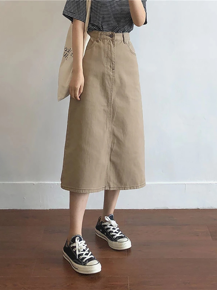 Luck A Fashion Retro Long Summer Spring Denim Skirts Girls High Waist Button Pockets Split Jeans Straight Maxi Denim Skirts 220701