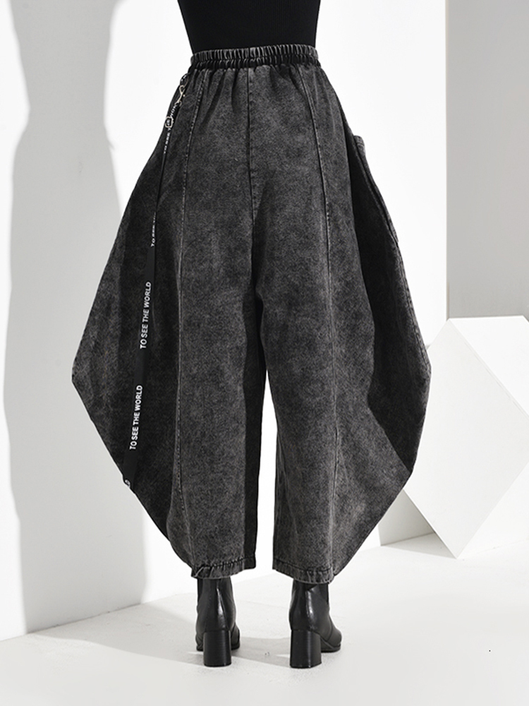 [EAM] High Elastic Waist Pocket Split Long Denim Wide Leg Trousers Loose Fit Pant Fashion Spring Autumn 1D 220325