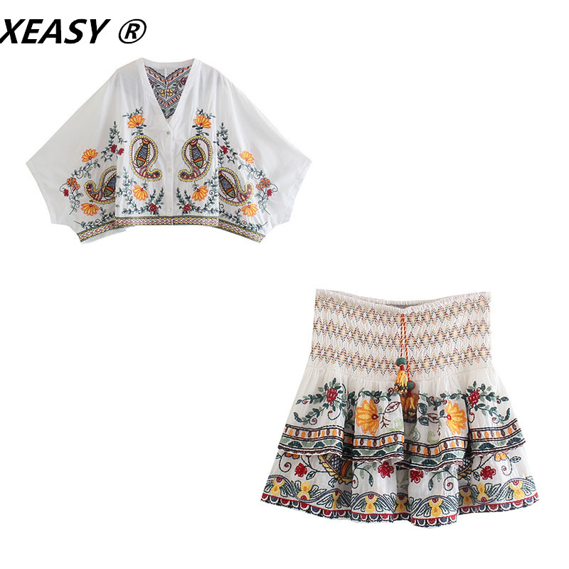 XEASY Women Fashion 2-Piece Set Vintage Flowers Batwing Sleeve Embroidered Shirt Female High Waist Mini Skirt Sweet Suits 220509