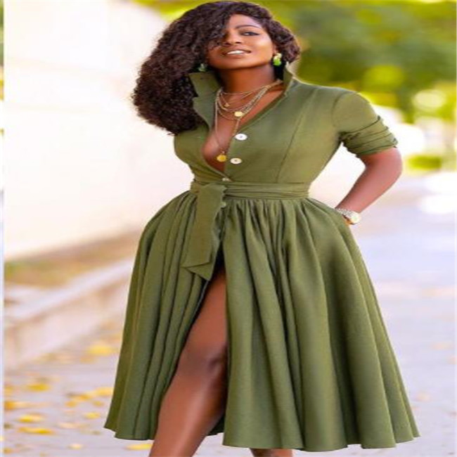New Style Casual Dresses Fall Autumn Mid-Calf High Waist Shirt Dress Big Plus Size Geometric Printed Elegant Office Ladies Tunic Pleated Midi