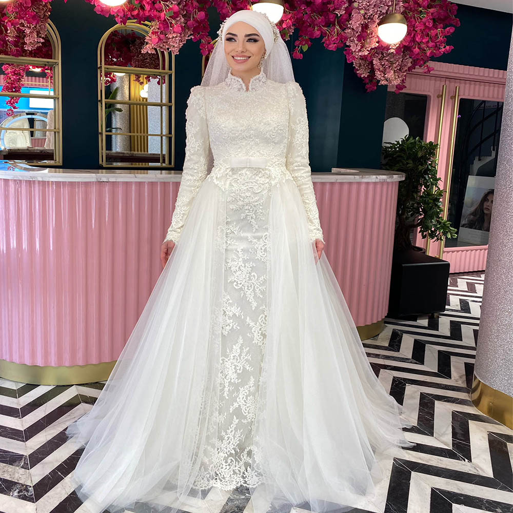 Turkish Islamic Muslim Wedding Dress 2 in 1 2022 Full Lace Mermaid Wedding Dresses With Detachable Train Long Sleeve Dubai Arabic Country Church Bride