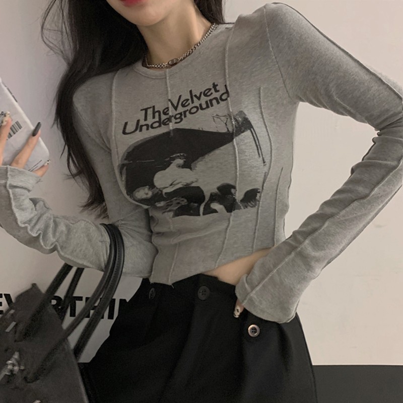 Karrram Casual Slim T-shirt For Women O Neck Long Sleeve Sexy Crop Top Grunge Letters Print Female Korean Fashion Clothing 220321