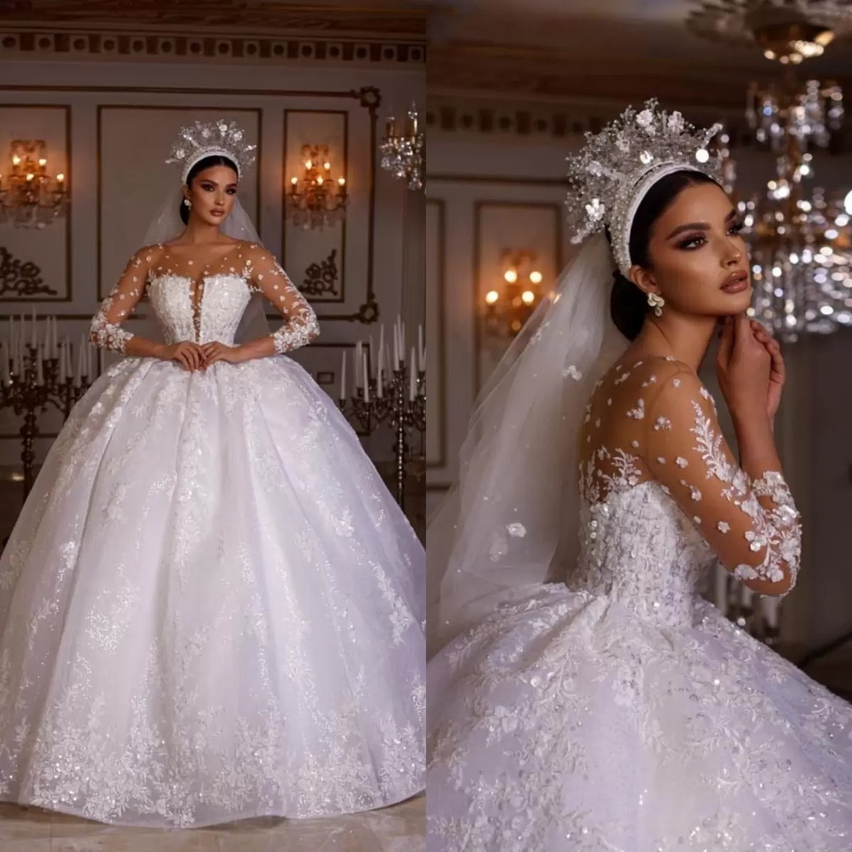 Royal Princess Ball Gown Wedding Dresses Shiny Appliques V Neck Lace Up Sequins Long Sleeveless Backless Floor Length Train Vintage Robes De Soiree