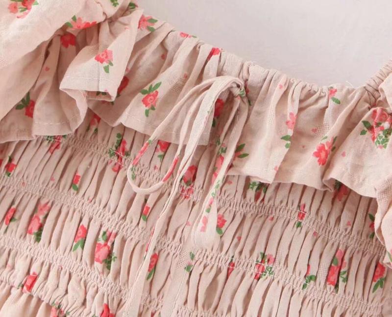 Women French Style Lacing up Ruffles Square Collar Floral Long Swing Dress Pink Backless Half Sleeve Dresses Vestido 220511