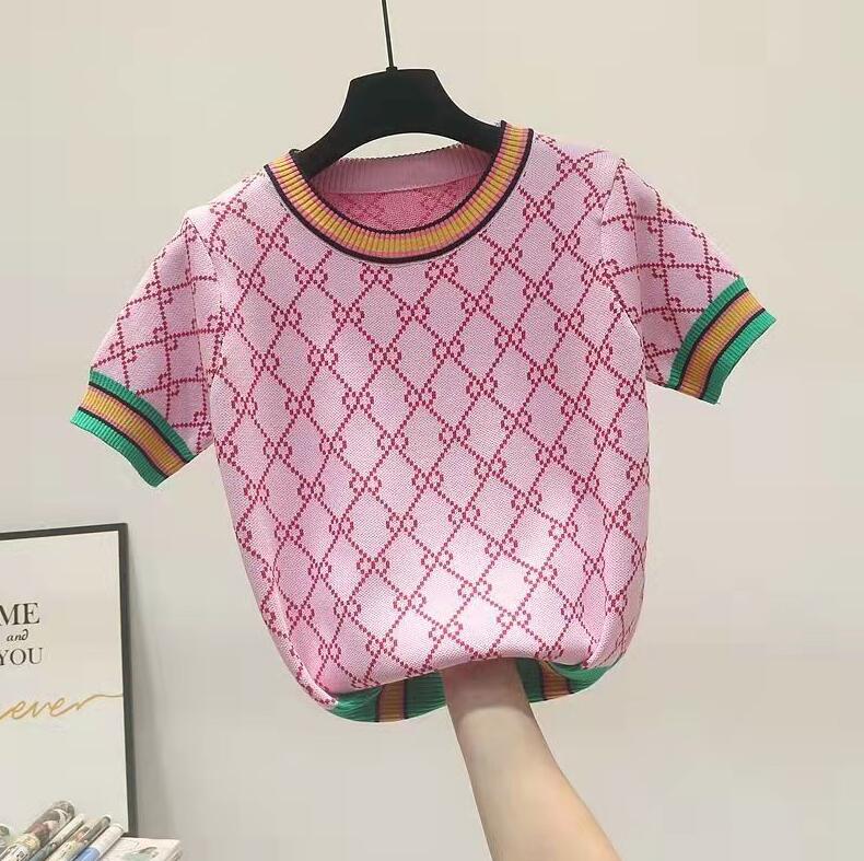 Women's Knits & Tees Colorful Jacquard Flower Short Sleeve Tshirt Female Sweater Tops Tee High Quality New Short-sleeved
