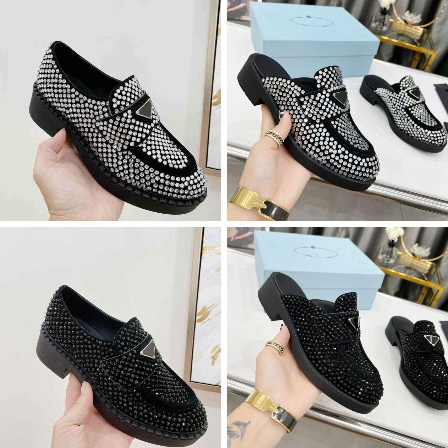 Satin loafers with Classic Women Diamond Crystal heat-sealed crystals Moccasin Mules Platform Rubber Sole Triangle Logo Outsole Casual Shoes Sizes 35-42
Satin loafers with Classic Women Diamond Crystal heat-sealed crystals Moccasin Mules Platform Rubber Sole Triangle Logo Outsole Casual Shoes Sizes 35-42