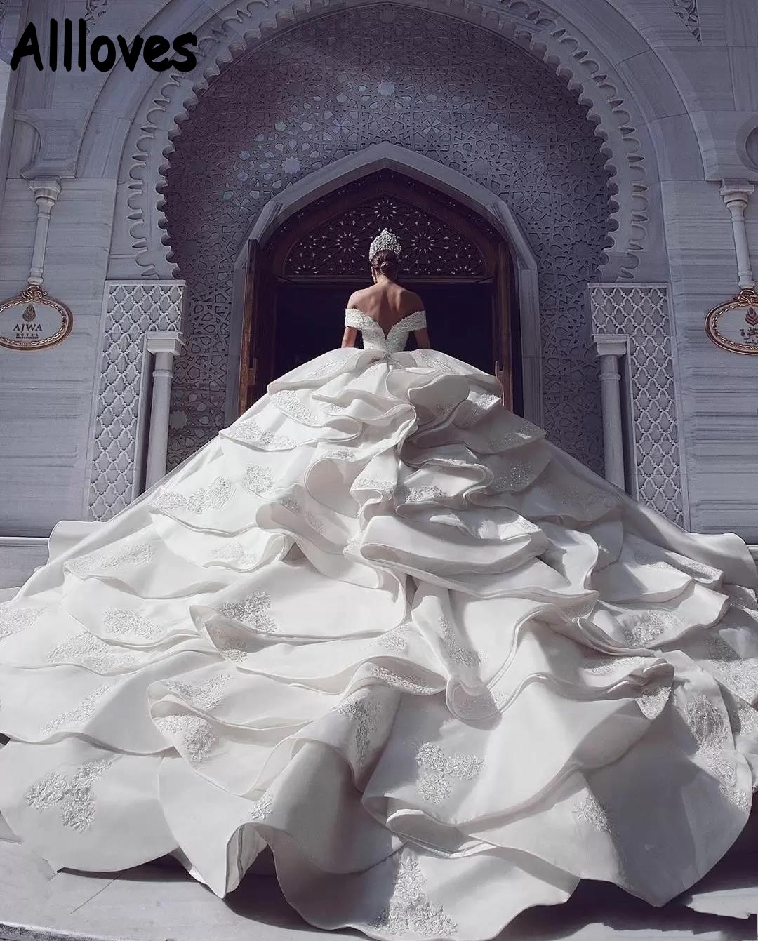 Cathedral Amazing Train Tiered Royal Prince Ball Wedding Dree Dubai Arabic Lace Sequined Off Shoulder Puff Bridal Gown Church Formal Vetido CL 6660306