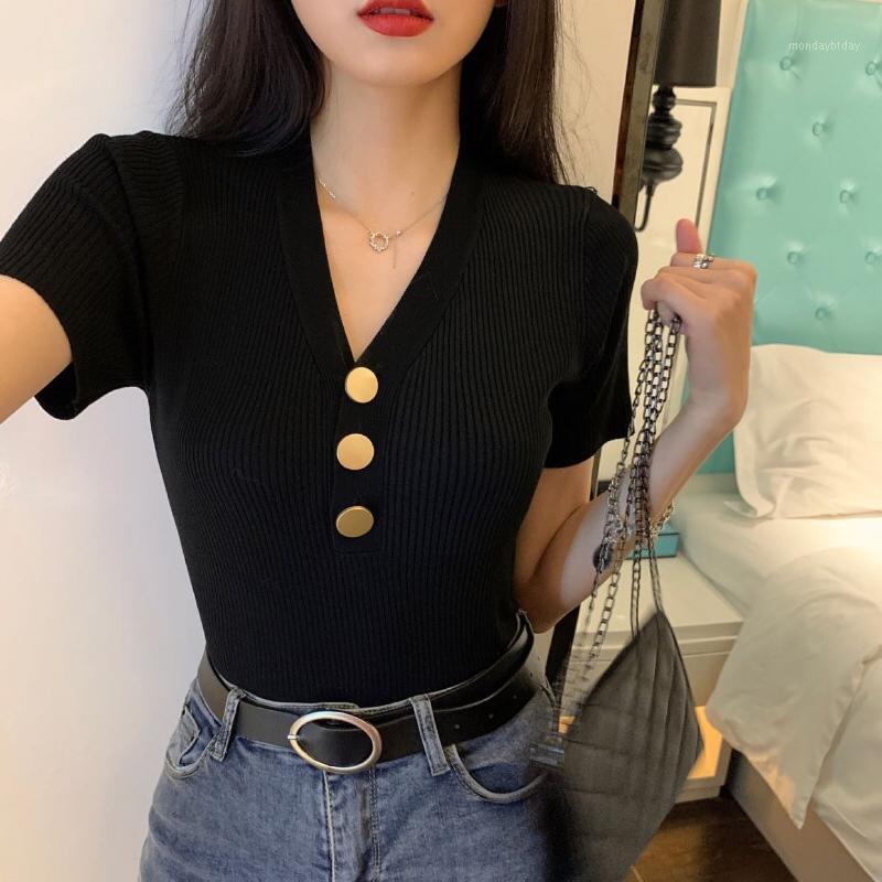 Women's T-Shirt Summer V-neck Metal Button Short-sleeved Women Go To Street Shopping Knitted Elasticity Short Bottoming Shirt Top, Black 
Women's T-Shirt Summer V-neck Metal Button Short-sleeved Women Go To Street Shopping Knitted Elasticity Short Bottoming Shirt Top, Black