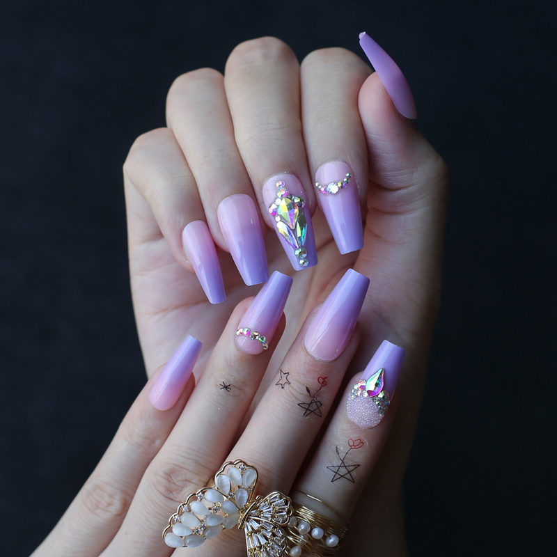 Middle length Coffin Lovely Ombre Violet Acrylic nails crystal Art False nalis Tips Press on nails Cute Custom private label box 220725