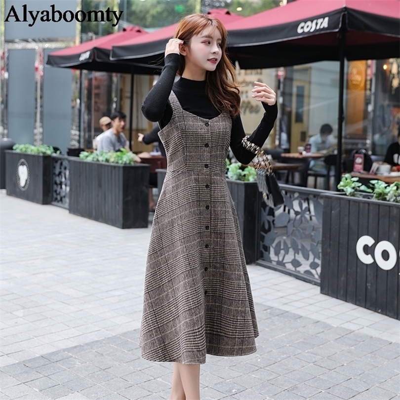 England Style Autumn Winter Women Midi Sundress Suspenders Vintage Plaid Woolen Sleeveless Dress Elegant Chic Warm Vestido Mujer 201008